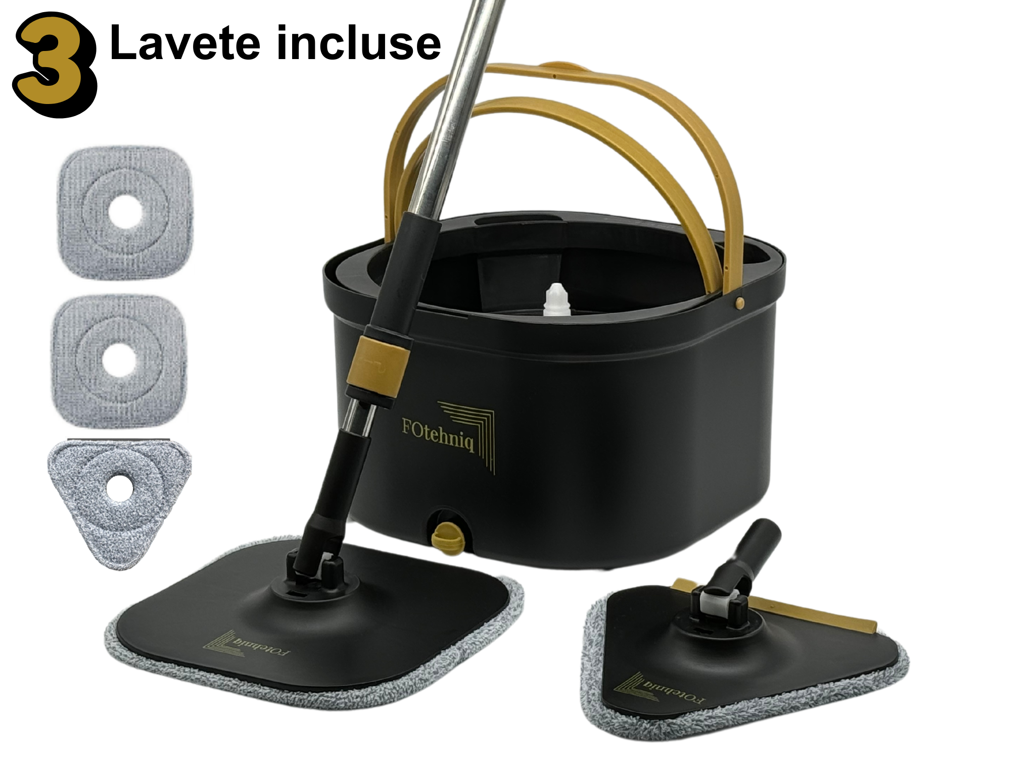 Set Mop Rotativ DUAL BUCKET negru cu Lavete Incluse