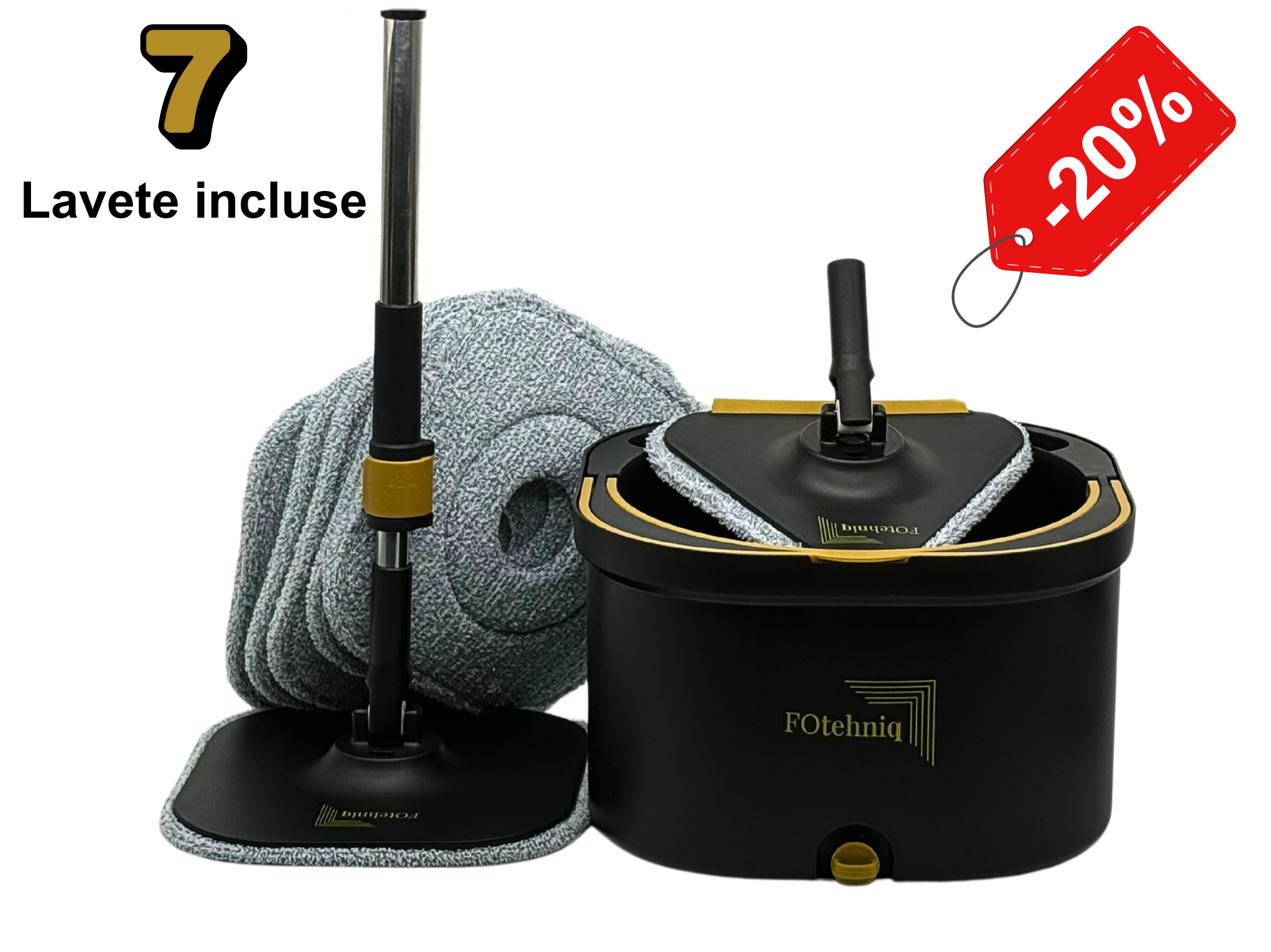 Set Mop Rotativ DUAL BUCKET negru cu 7 Lavete Incluse