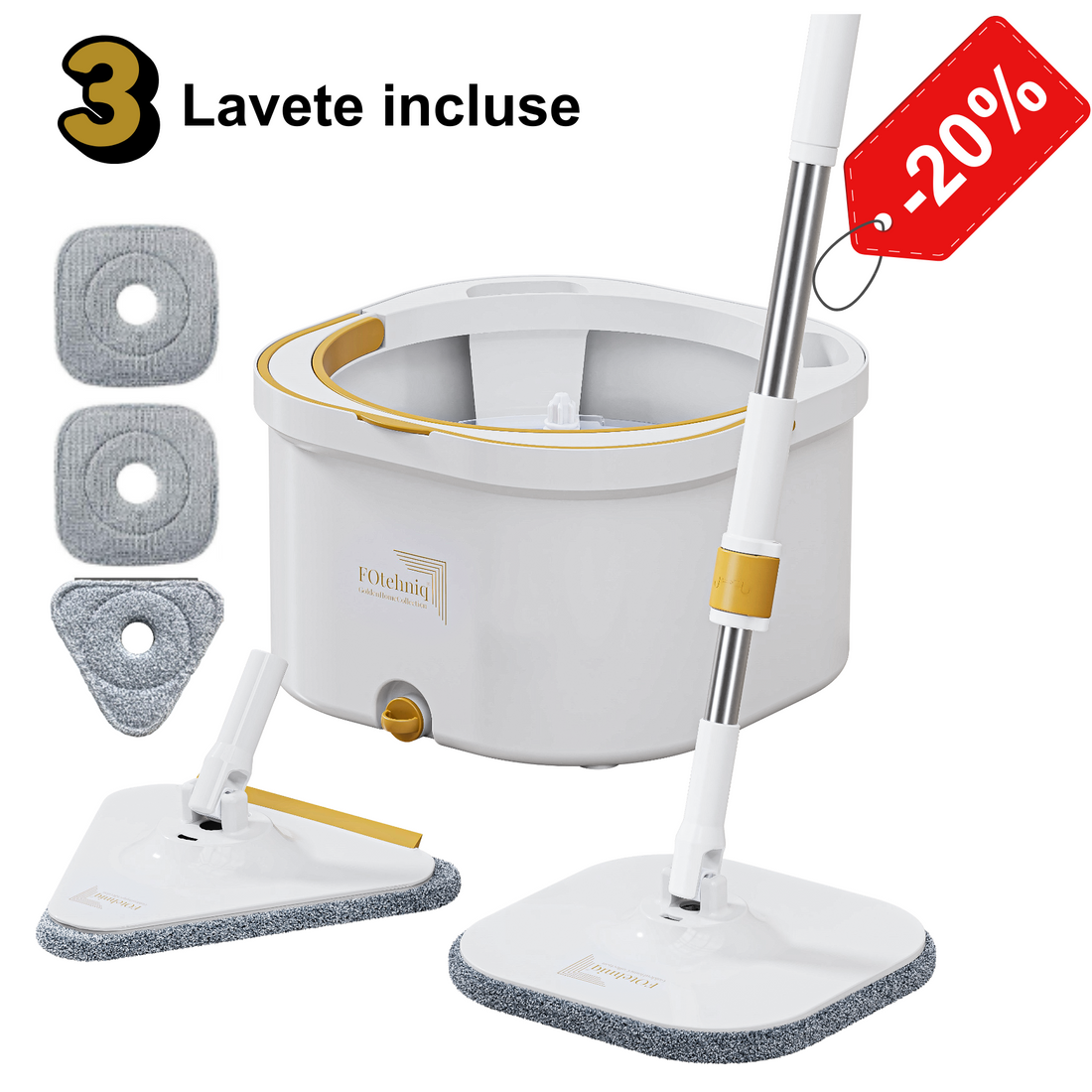 Set Mop Rotativ DUAL BUCKET alb cu 3 Lavete Incluse