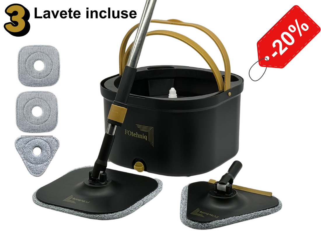 Set Mop Rotativ DUAL BUCKET negru cu 3 Lavete Incluse