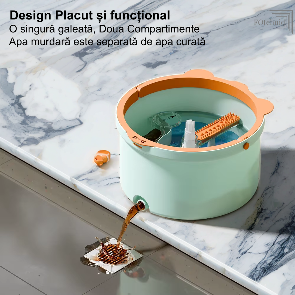 NOU! Set de Curatenie ”Micul Mop” Rotund SINGLE BUCKET cu 2 Compartimente de separare cu 2 Lavete Incluse Verde